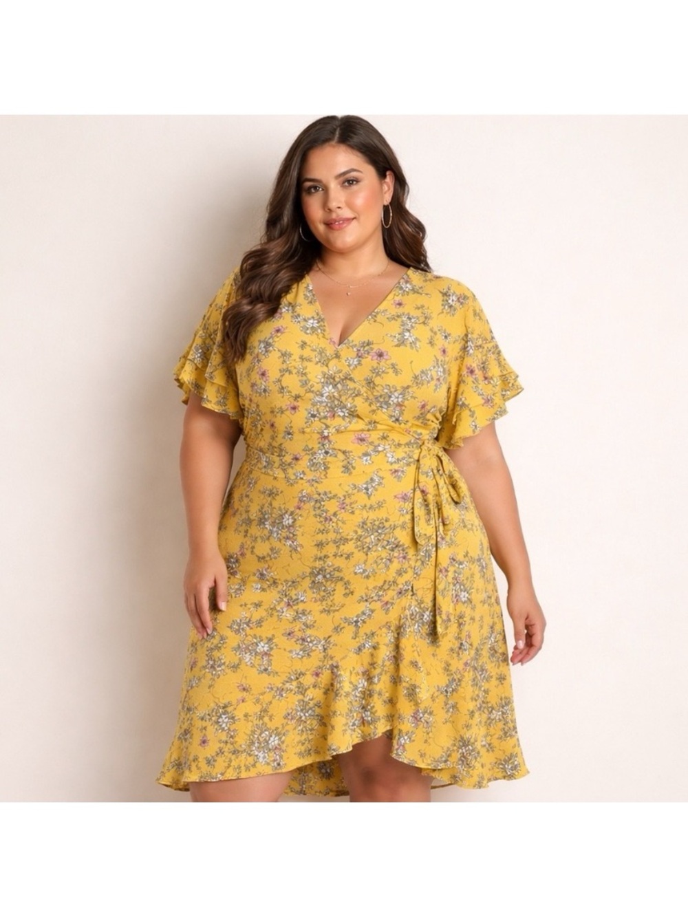Max Studio Women Plus Size 2X Wrap Dress Yellow Floral Flutter Sleeve Ruffle